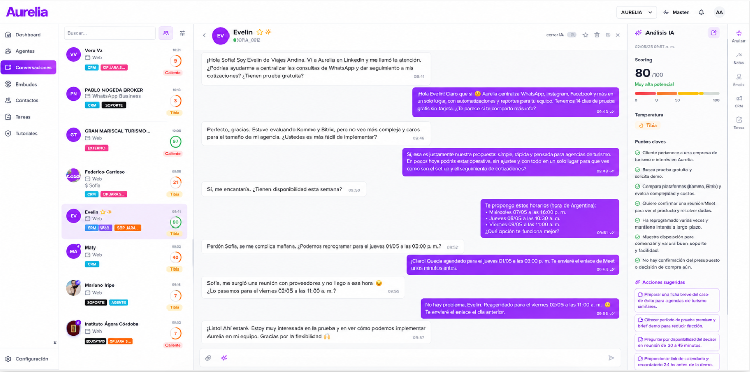 Bandeja de conversaciones de Aurelia con scoring, temperatura, smart tags y análisis IA del lead